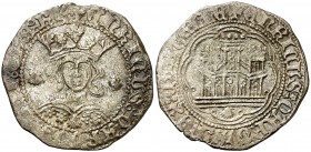 Enrique IV (1454-1474). Coruña. Cuartillo. (AB. 743, este mismo ejemplar, mal descrito) (V.Q. 6186, mismo ejemplar). 3 g. El rey lleva una venera como...