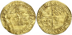 Alfonso de Ávila (1465-1468). Sevilla. Dobla. (AB. falta) (M.R. falta). 4,53 g. Leones sin corona. Ligera doble acuñación. Ex Áureo & Calicó Selección...