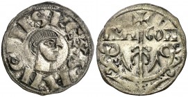 Sancho Ramírez (1063-1094). Jaca. Dinero. (Cru.V.S. 203 var) (R.Ros 3.4.9). 0,97 g. Vellón muy rico. Muy bella. Ex HSA 17646. Rara así. EBC.