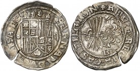 Reyes Católicos. Burgos. 2 reales. (AC. 484.1) (V.Q. 6559, mismo ejemplar). 6,76 g. Grieta, pero extraordinaria. Bella pátina. Rara. EBC-.