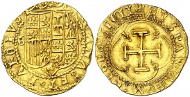 s/d. Juana y Carlos. Granada. 1 escudo. (AC. 184) (Tauler 10a). 3,36 g. Armas de Sicilia en lugar de las de Navarra en 2º cuartel. Bella. Brillo origi...