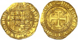 s/d. Juana y Carlos. Sevilla. 1 escudo. (AC. 197) (Tauler 25a). 3,38 g. Bella. Precioso color. Muy redonda. Escasa así. EBC+/EBC.