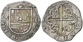 s/d. Felipe II. Sevilla. . 2 reales. (AC. 400). 6,79 g. Las letras A son V invertidas. Bella. Preciosa pátina. Ex Áureo 19/10/1994, nº 1336. Ex Colecc...