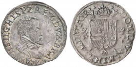 1576. Felipe II. Amberes. 1/5 de escudo. (Vti. 860) (Vanhoudt 306.AN). 6,48 g. Preciosa pátina. Ex Áureo 31/05/2006, nº 183. Muy rara así. EBC.