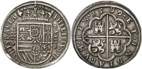 1589. Felipe II. Segovia. 8 reales. (AC. 717). 27,03 g. El escudo corta la leyenda. Mínimas hojitas. Muy rara. MBC+.