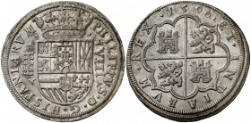 1590. Felipe II. Segovia. 8 reales. (AC. 703) (Cal. 217 Ed. 2008, mismo ejemplar). 27,12 g. Ligera oxidación. Muy bella. Brillo original. Ex Áureo & C...