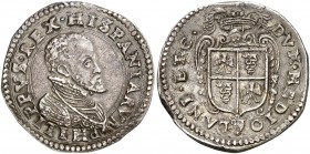 s/d. Felipe II. Milán. 1 escudo. (Vti. 44) (MIR. 308/1). 32 g. Leves golpecitos. Bella. Preciosa pátina. Ex Künker 17/06/2013, nº 2386. Rara. EBC-....