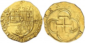 s/d. Felipe II. Sevilla. . 1 escudo. (AC. 787, mismo ejemplar) (Tauler 40, mismo ejemplar). 3,37 g. Acuñación floja. Precioso color. No figuraba en la...