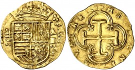 s/d. Felipe II. Valladolid. A. 2 escudos. (AC. 877) (Tauler 71 var) (Ni V.Q. ni Carles Tolrá tenían ninguna pieza de este valor, rey y ceca). 6,55 g. ...