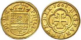 1608. Felipe III. Segovia. C. 1 escudo. (AC. 1016). 3,29 g. Bella. Rara. EBC/EBC+.