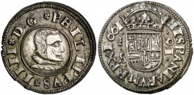 1661. Felipe IV. Segovia. S. 16 maravedís. (AC. 486) (J.S. M-514). 3,92 g. Conserva el plateado original. Bellísima. Ex Colección Isabel de Trastámara...