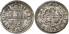 1627. Felipe IV. Segovia. P. 2 reales. (AC. 956). 6,22 g. Pequeña parte del canto final de riel. Bella. Brillo original. EBC.