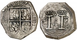 1665. Felipe IV. Santa Fe de Nuevo Reino. PR. 4 reales. (AC. 1154) (Restrepo M38-18). 13,41 g. Todos los datos perfectos. Muy rara así. EBC-/EBC.