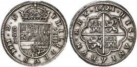 1621. Felipe IV. Segovia. . 4 reales. (AC. 1163). 12,92 g. El ordinal IIII rectificado sobre III. Mínimas marquitas. Muy atractiva. Rara. EBC-.