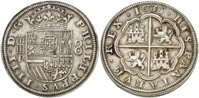 1635. Felipe IV. Segovia. R. 8 reales. (AC. 1606). 27,34 g. Leves rayitas. Preciosa pátina. Ex Áureo & Calicó 30/10/2014, nº 1274. Rara. EBC-.
