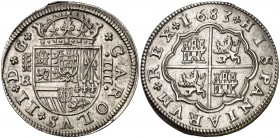 1683. Carlos II. Segovia. BR. 4 reales. (AC 558, mismo ejemplar). 13,66 g. Con el escusón de Portugal. Acueducto de tres arcos. Sin puntos acotando ce...