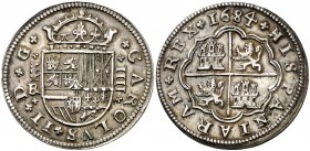 1684. Carlos II. Segovia. BR. 4 reales. (AC. 563). 13,06 g. La V de HISPANIARVM invertida. Con acotando ceca y ensayador. Mínimo golpecito. Bella Rara...