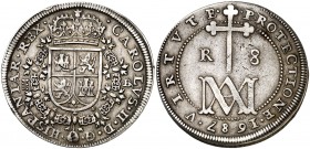 1687. Carlos II. Segovia. BR. 8 reales. (AC. 774). 21,57 g. Tipo "María". Golpecito. Atractiva. Rara. EBC.