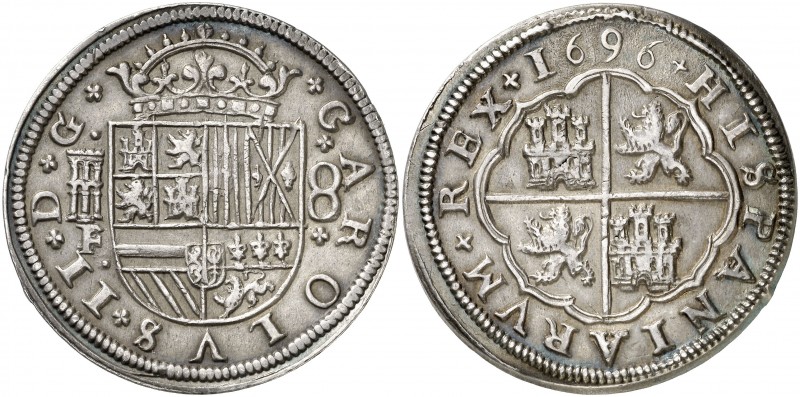 1696. Carlos II. Segovia. F. 8 reales. (AC. 770). 26,72 g. Muy bella. Preciosa p...