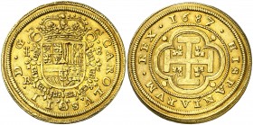 1687/3. Carlos II. Segovia. BR. 8 escudos. (AC. 1001) (Cal.Onza 145). 26,96 g. Mínima hojita y leves golpecitos en canto. Bella. Precioso color. Muy r...