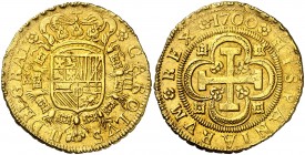 1700. Carlos II. Sevilla. M. 8 escudos. (AC. 1062) (Cal.Onza 204). 26,92 g. El 7 de la fecha recto. Hojita y golpecito. Precioso color. Rara. EBC-.