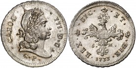 1733. Carlos III, Pretendiente. Palermo. CP-SM. 6 tari. (Vti. falta) (MIR. 520/2). 14,50 g. Muy bella. Brillo original. Muy rara así. EBC+.