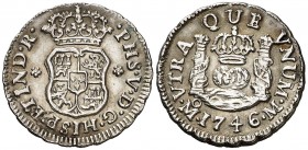 1746. Felipe V. México. M. 1/2 real. (AC. 273). 1,68 g. Columnario. Atractiva. Ex Colección Manuela Etcheverría. Escasa y más así. EBC+.