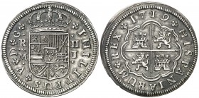 1719. Felipe V. Madrid. J. 2 reales. (AC. 771). 5,20 g. Leones sin corona. Preciosa pátina. Ex Colección Manuela Etcheverría. Escasa así. EBC+/EBC....