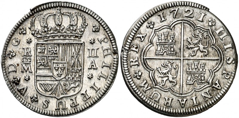 1721. Felipe V. Madrid. A. 2 reales. (AC. 774). 5,03 g. Mínimo defecto en borde....