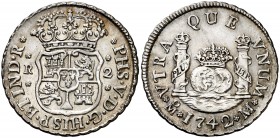 1742. Felipe V. México. M. 2 reales. (AC. 826). 6,77 g. Columnario. Bella. Parte de brillo original. Ex Colección Manuela Etcheverría. Rara así. EBC....