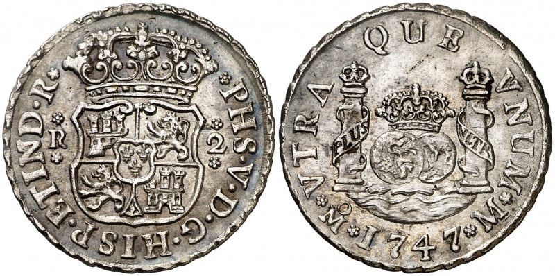 1747. Felipe V. México. M. 2 reales. (AC. 837). 6,71 g. Columnario. Bella. Parte...