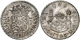1747. Felipe V. México. M. 2 reales. (AC. 837). 6,71 g. Columnario. Bella. Parte de brillo original. Ex Colección Manuela Etcheverría. Rara así. EBC+/...