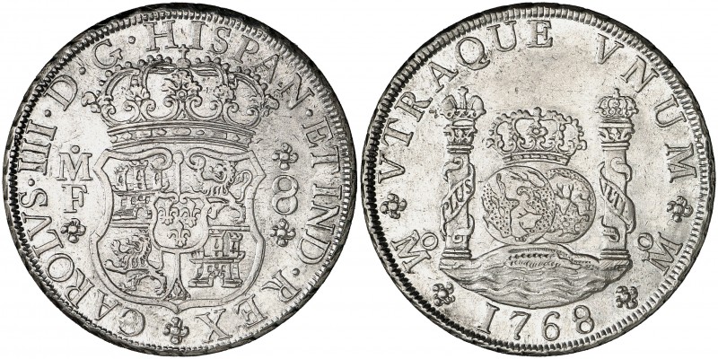 1768. Carlos III. México. MF. 8 reales. (AC. 1094). 27,06 g. Columnario. Bella. ...