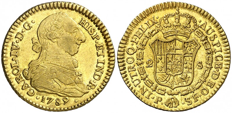 1789. Carlos IV. Popayán. SF. 2 escudos. (AC. 1345) (Restrepo 88-2). 6,72 g Bust...