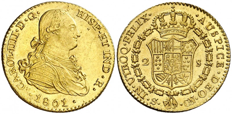 1801. Carlos IV. Sevilla. CN. 2 escudos. (AC. 1437). 6,77 g. Muy bella. Brillo o...