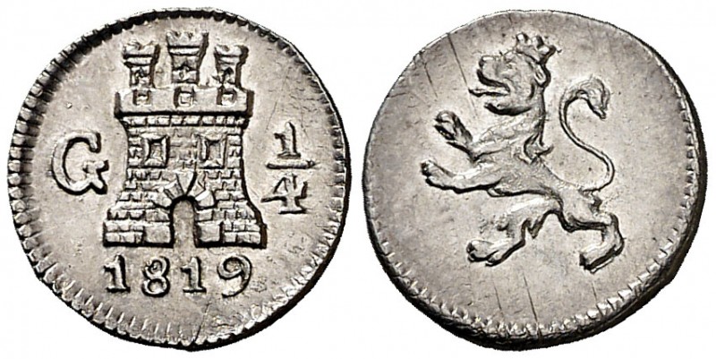 1819. Fernando VII. Guatemala. 1/4 de real. (AC. 256). 0,86 g. Bella. Brillo ori...