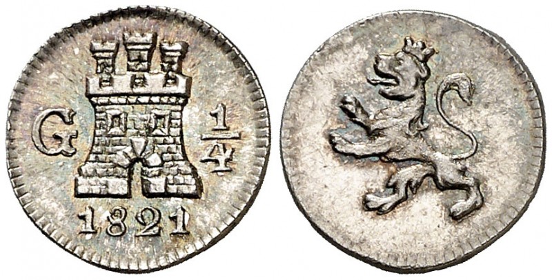 1821. Fernando VII. Guatemala. 1/4 de real. (AC. 258). 0,79 g. Bellísima. Pleno ...