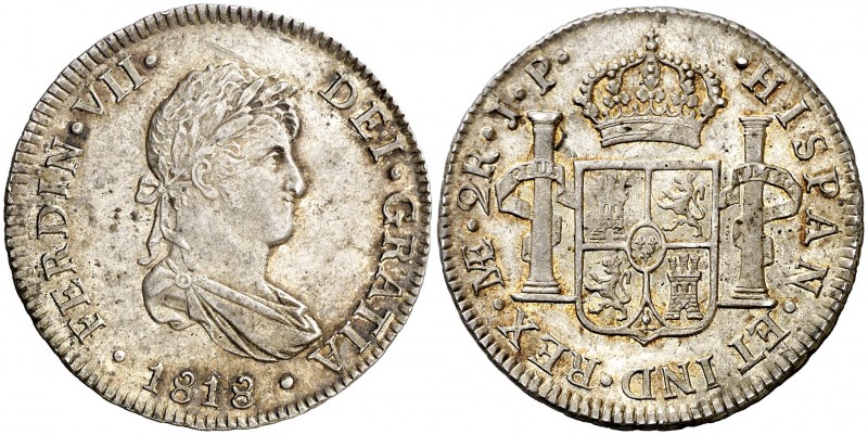 1818. Fernando VII. Lima. JP. 2 reales. (AC. 818). 6,33 g. Bella pátina. Parte d...