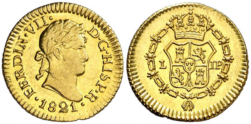 1821. Fernando VII. Lima. JP. 1/2 escudo. (AC. 1484). 1,65 g. Muy bella. Brillo ...