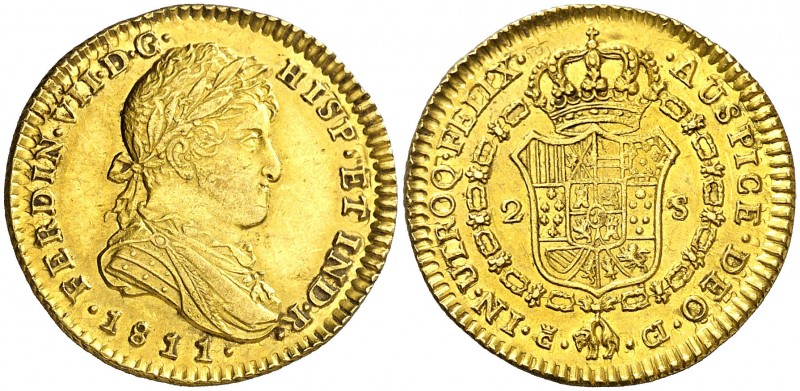 1811. Fernando VII. Cádiz. CI. 2 escudos. (AC. 1576). 6,79 g. Busto laureado y d...