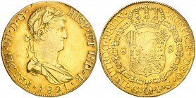 1821. Fernando VII. Guadalajara. FS. 8 escudos. (AC. 1749) (Cal.Onza 1206, señala pocos ejemplares conocidos). 26,89 g. Busto laureado y drapeado. Mín...