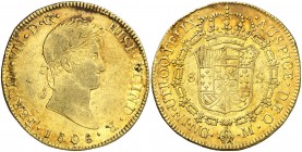 1808. Fernando VII. Guatemala. M. 8 escudos. (AC. 1750, la califica como RRR) (Cal.Onza 1207, es una impronta). 26,96 g. Leves rayitas y golpecitos. P...