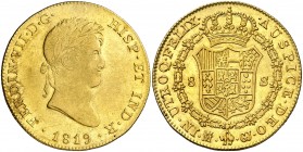 1819. Fernando VII. Madrid. GJ. 8 escudos. (AC. 1775) (Cal.Onza 1240). 27,03 g. Acuñación algo floja. Bella. Brillo original. Muy rara. Sólo hemos ten...