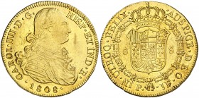 1808. Fernando VII. Popayán. JF. 8 escudos. (AC. 1805) (Cal.Onza 1273) (Restrepo 128-1). 26,95 g. Muy bella. Brillo original. Escasa así. EBC+.