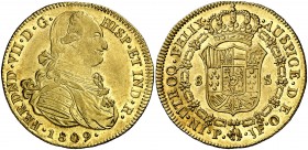 1809. Fernando VII. Popayán. JF. 8 escudos. (AC. 1807) (Cal.Onza 1275) (Restrepo 128-3). 26,96 g. Muy bella. Brillo original. Ex Áureo & Calicó Selecc...