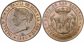 1865. Isabel II. Madrid. 5 céntimos de escudo. (AC. 250, mismo ejemplar). 12,48 g. Prueba no adoptada. Dos insignificantes manchitas. Bellísima. Brill...