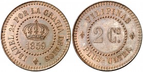 1859. Isabel II. Manila. 2 centavos. (AC. 263) (Basso 77) (Kr. Pn13). 9,56 g. Prueba no adoptada. Bella. Brillo original. Escasa. S/C-.