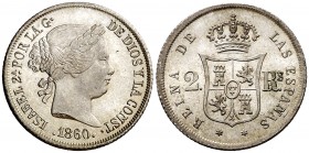 1860. Isabel II. Madrid. 2 reales. (AC. 375). 2,58 g. Bella. Brillo original. Ex Colección Manuela Etcheverría. Rara así. S/C.