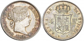 1864. Isabel II. Madrid. 4 reales. (AC. 469). 5,18 g. Bellísima. Preciosa pátina tornasolada. Ex Colección O'Donnell, Áureo 19/11/2003, nº 278. Rara a...