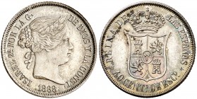 1868*1868. Isabel II. Madrid. 40 céntimos de escudo. (AC. 503). 5,15 g. Bellísima. Brillo original. Preciosa pátina. Rara así. S/C.